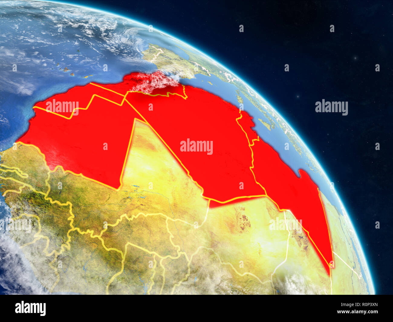 Regione del Maghreb dallo spazio sul modello realistico del pianeta Terra con i confini e dettagliata superficie planet e nuvole. 3D'illustrazione. Elementi del Foto Stock