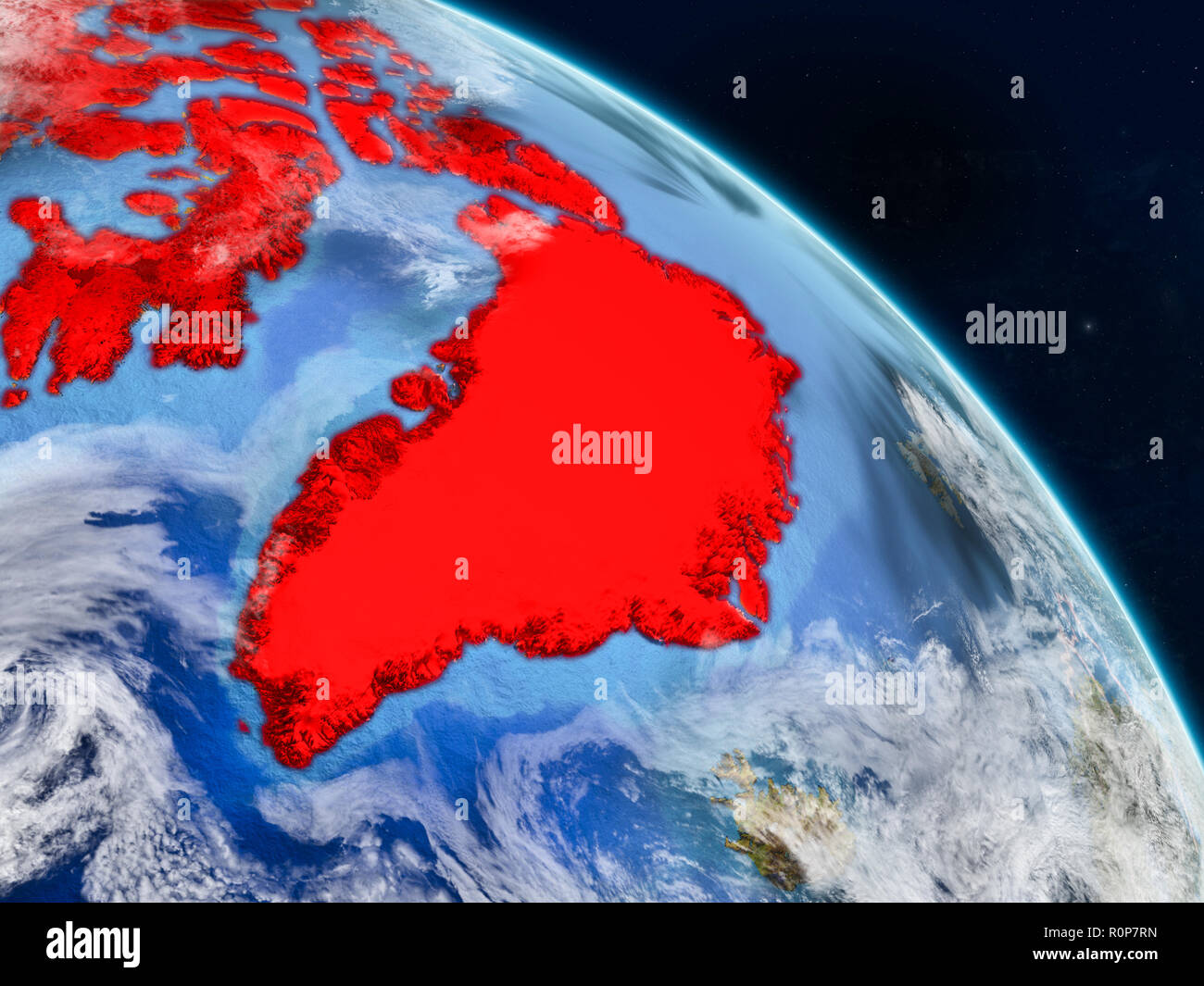 La Groenlandia dallo spazio sul modello realistico del pianeta Terra con i confini e dettagliata superficie planet e nuvole. 3D'illustrazione. Gli elementi di questo Foto Stock