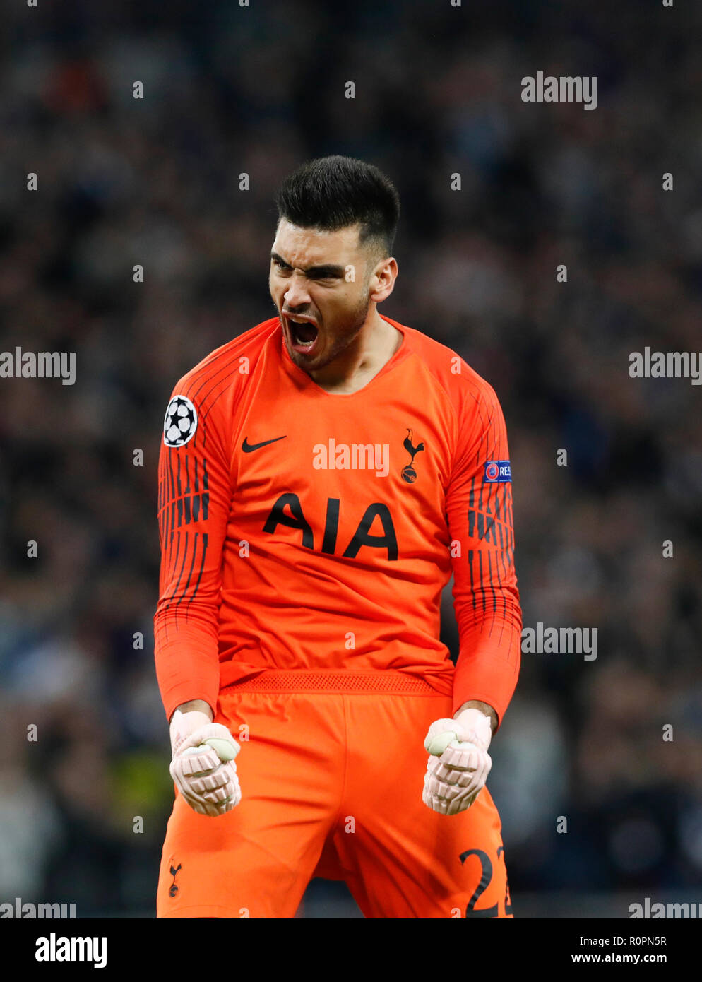 Londra, Regno Unito. 6 Nov, 2018. Tottenham Hotspur il portiere Paulo Gazzaniga celebra del team obiettivo durante la UEFA Champions League match tra Tottenham Hotspur e PSV Eindhoven a Londra, in Gran Bretagna il 9 novembre 6, 2018. Tottenham Hotspur ha vinto 2-1. Credito: Han Yan/Xinhua/Alamy Live News Foto Stock