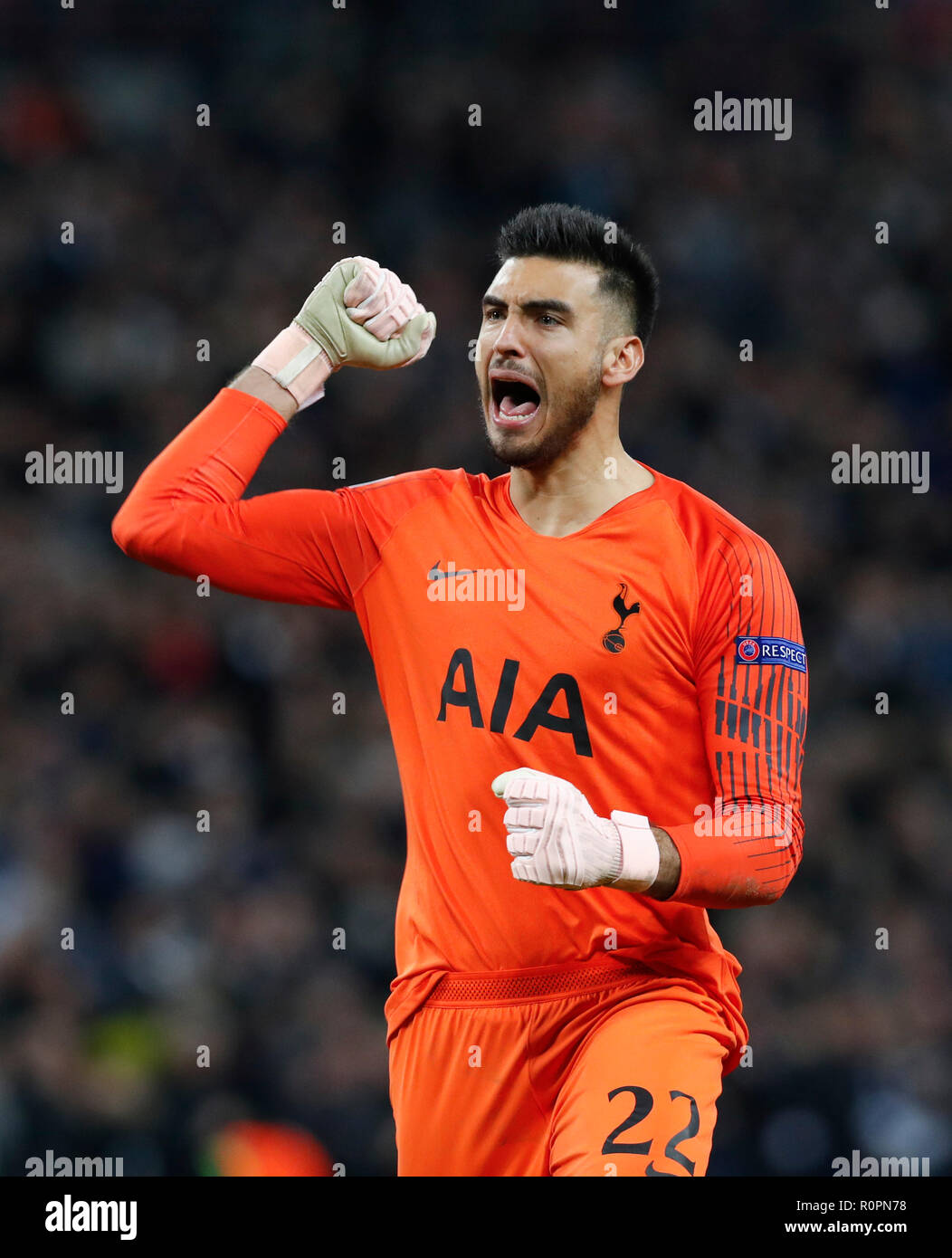 Londra, Regno Unito. 6 Nov, 2018. Tottenham Hotspur il portiere Paulo Gazzaniga celebra del team obiettivo durante la UEFA Champions League match tra Tottenham Hotspur e PSV Eindhoven a Londra, in Gran Bretagna il 9 novembre 6, 2018. Tottenham Hotspur ha vinto 2-1. Credito: Han Yan/Xinhua/Alamy Live News Foto Stock