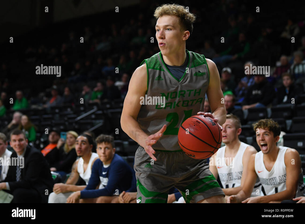 Novembre 6, 2018 North Dakota Fighting Hawks avanti Hazekamp Elia (24) cerca di passare la palla durante uno degli uomini del NCAA college basketball gioco tra il Collegio Northland dei boscaioli e la University of North Dakota falchi di combattimento a Betty Engelstad Sioux Center in Grand Forks, ND. Il Dakota del Nord ha vinto 104-48. Foto di Russell Hons/CSM Foto Stock