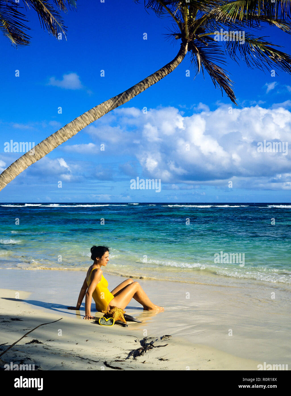 Giovane donna con il costume da bagno giallo seduto sulla spiaggia tropicale, Palm tree, il mare dei Caraibi, Guadalupa, French West Indies, Foto Stock