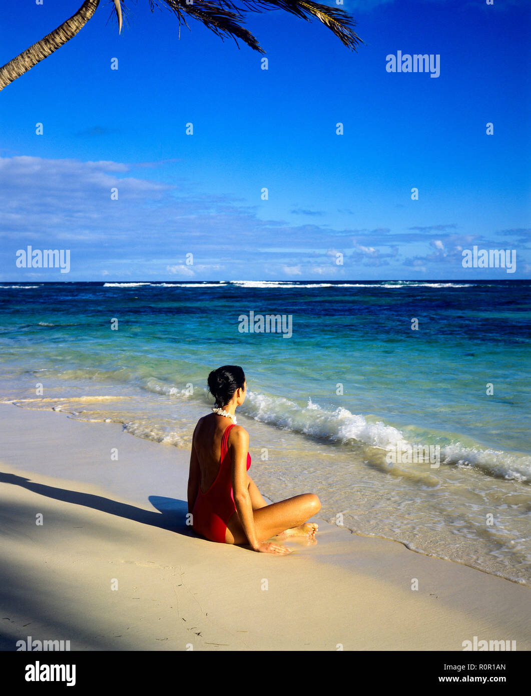 Giovane donna con il costume rosso seduto sulla spiaggia tropicale e affacciato sul Mar dei Caraibi, Guadalupa, French West Indies, Foto Stock