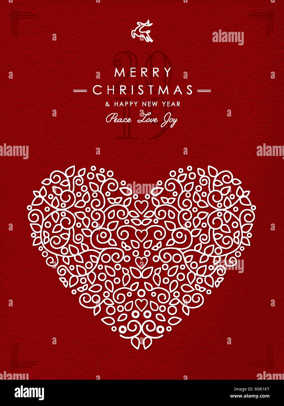 Buon Natale e felice anno nuovo 2019 art deco forma di cuore realizzati in monogramma outline stile con semplici ornamenti natalizi. Ideale per carta vacanze, poster Illustrazione Vettoriale