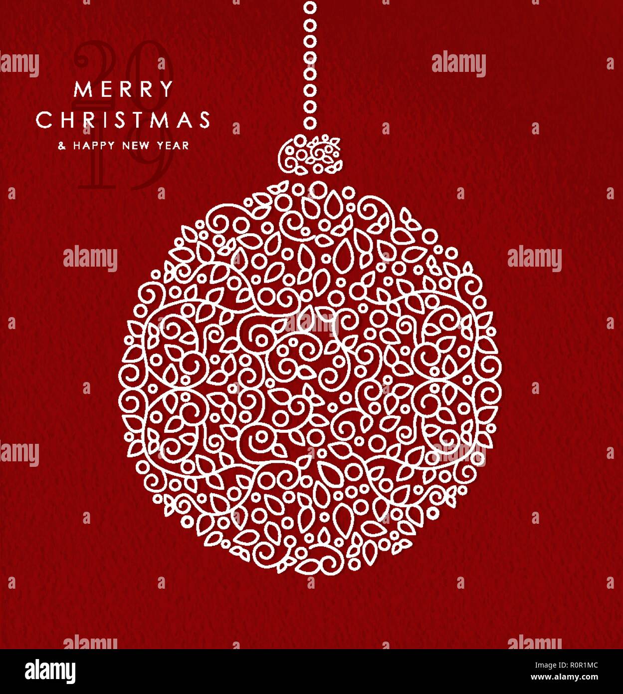 Buon Natale e felice anno nuovo 2019 art deco ninnolo decorazione realizzata in profilo monogram stile con semplici ornamenti natalizi. Illustrazione Vettoriale