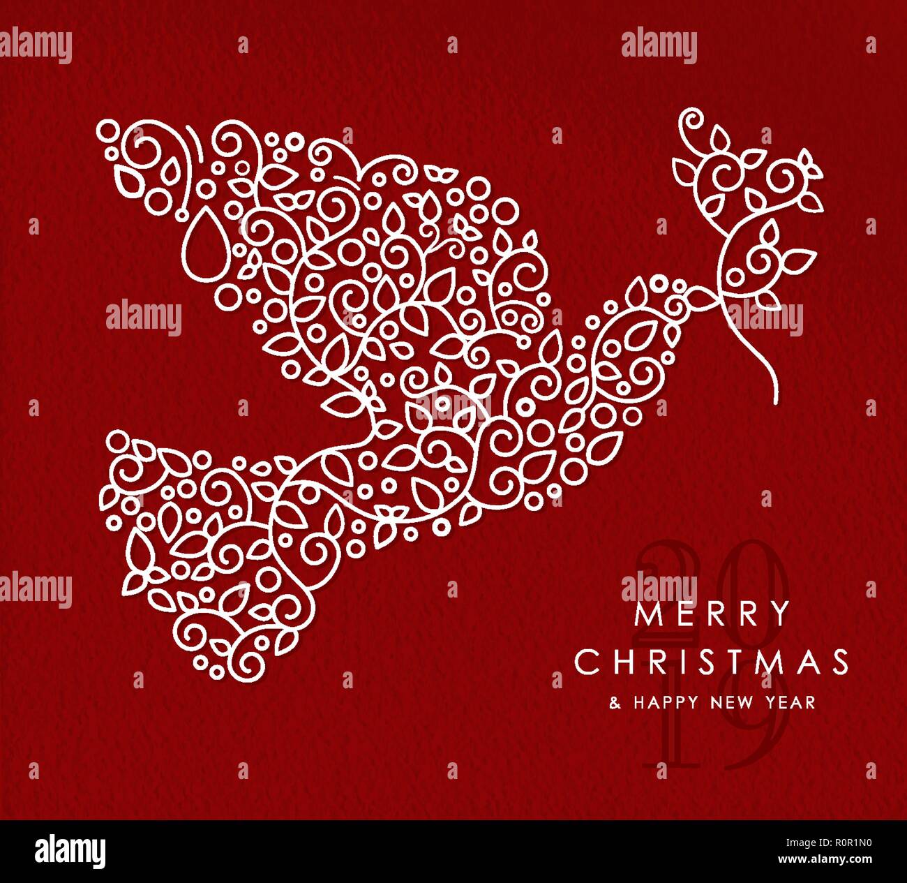 Buon Natale e felice anno nuovo 2019 art deco colomba bird forma resa nel monogramma outline stile con semplici ornamenti natalizi. Illustrazione Vettoriale
