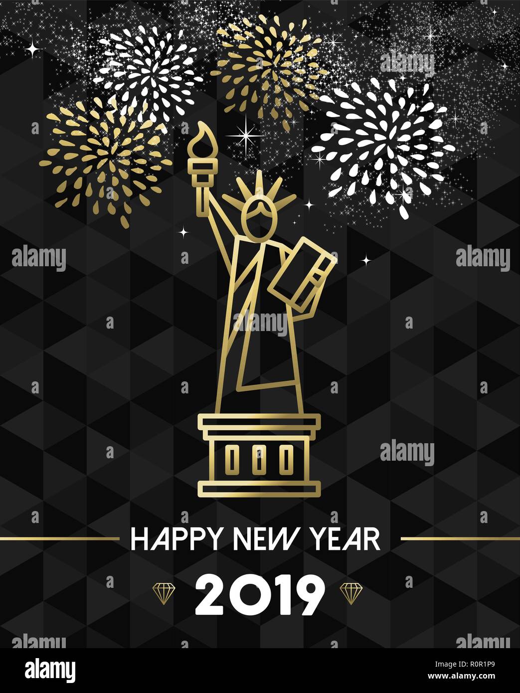 Felice Anno Nuovo 2019 New York biglietto di auguri con Stati Uniti d'America Stati Uniti Statua della Libertà in oro stile contorno. Illustrazione Vettoriale