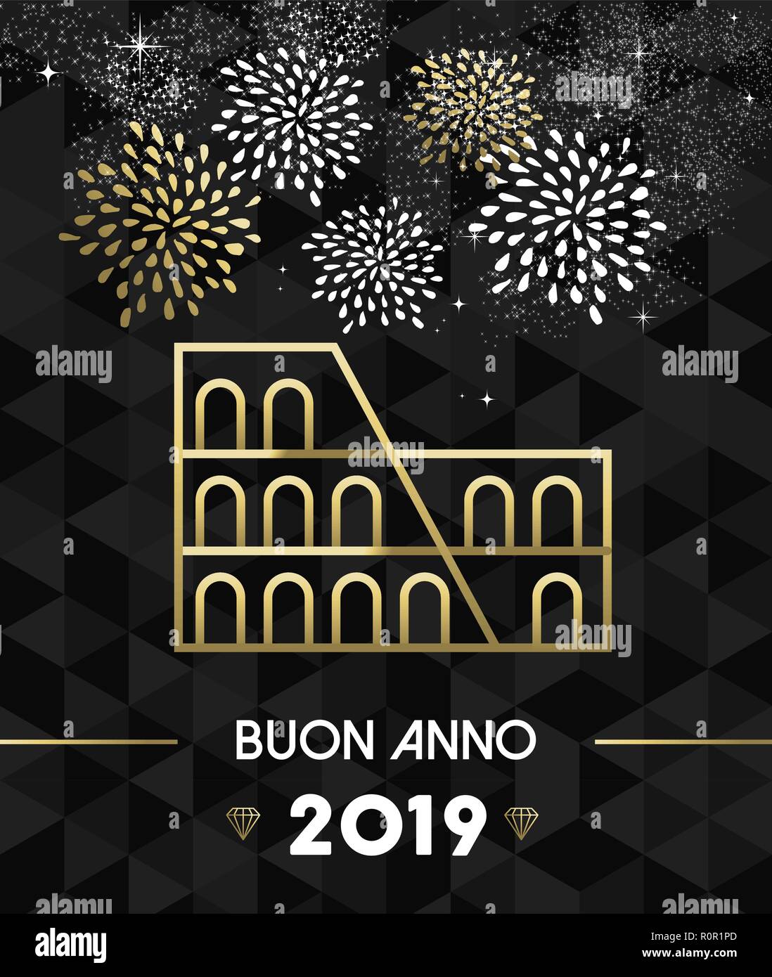 Felice Anno Nuovo 2019 Roma italiano greeting card con l'italia monumento storico Colosseo in oro stile contorno. Illustrazione Vettoriale