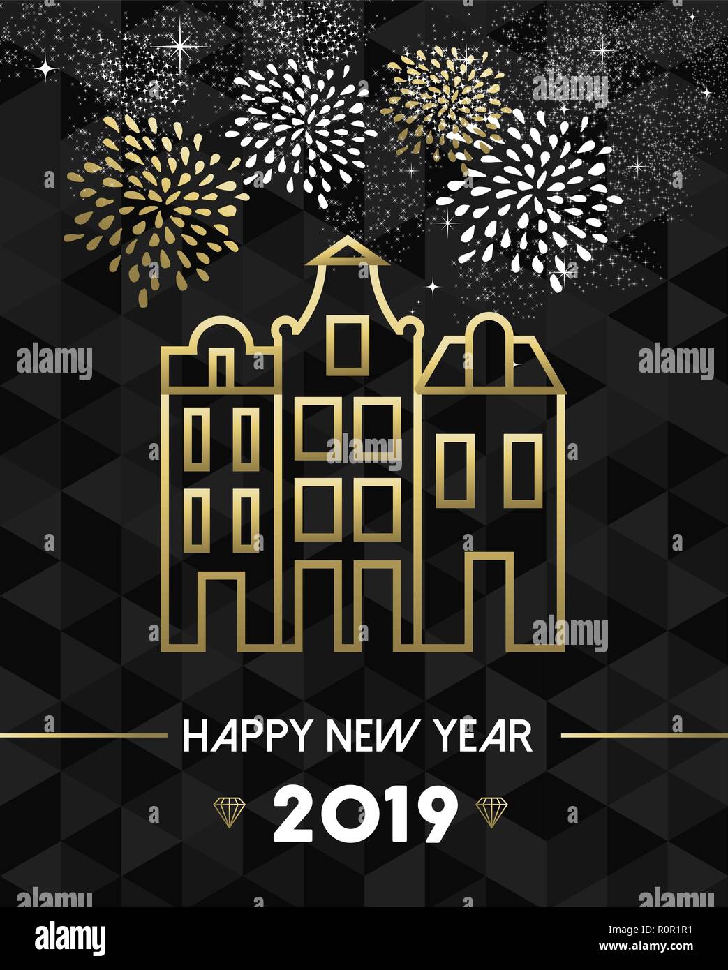 Felice Anno Nuovo 2019 Amsterdam biglietto di auguri con il punto di riferimento dei Paesi Bassi edifici tradizionali in oro stile contorno. Illustrazione Vettoriale