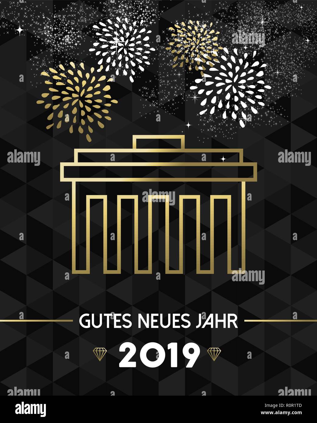 Felice Anno Nuovo 2019 Berlino biglietto di auguri con la Germania landmark Porta di Brandeburgo in oro stile contorno. Illustrazione Vettoriale
