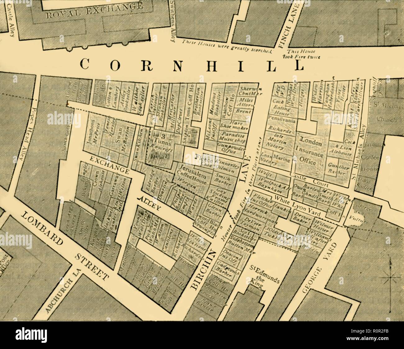 " Il piano che mostra la misura del Grande Incendio in Cornhill 1748', (c1872). Creatore: sconosciuto. Foto Stock