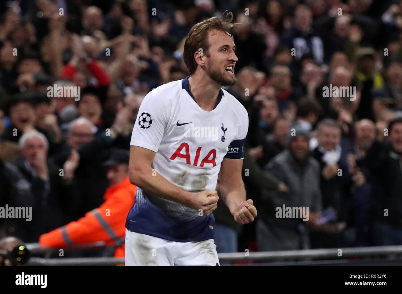 Tottenham Hotspur Harry Kane celebra il punteggio al suo fianco il secondo obiettivo del gioco durante la partita della UEFA Champions League allo Stadio di Wembley, Londra. Foto Stock