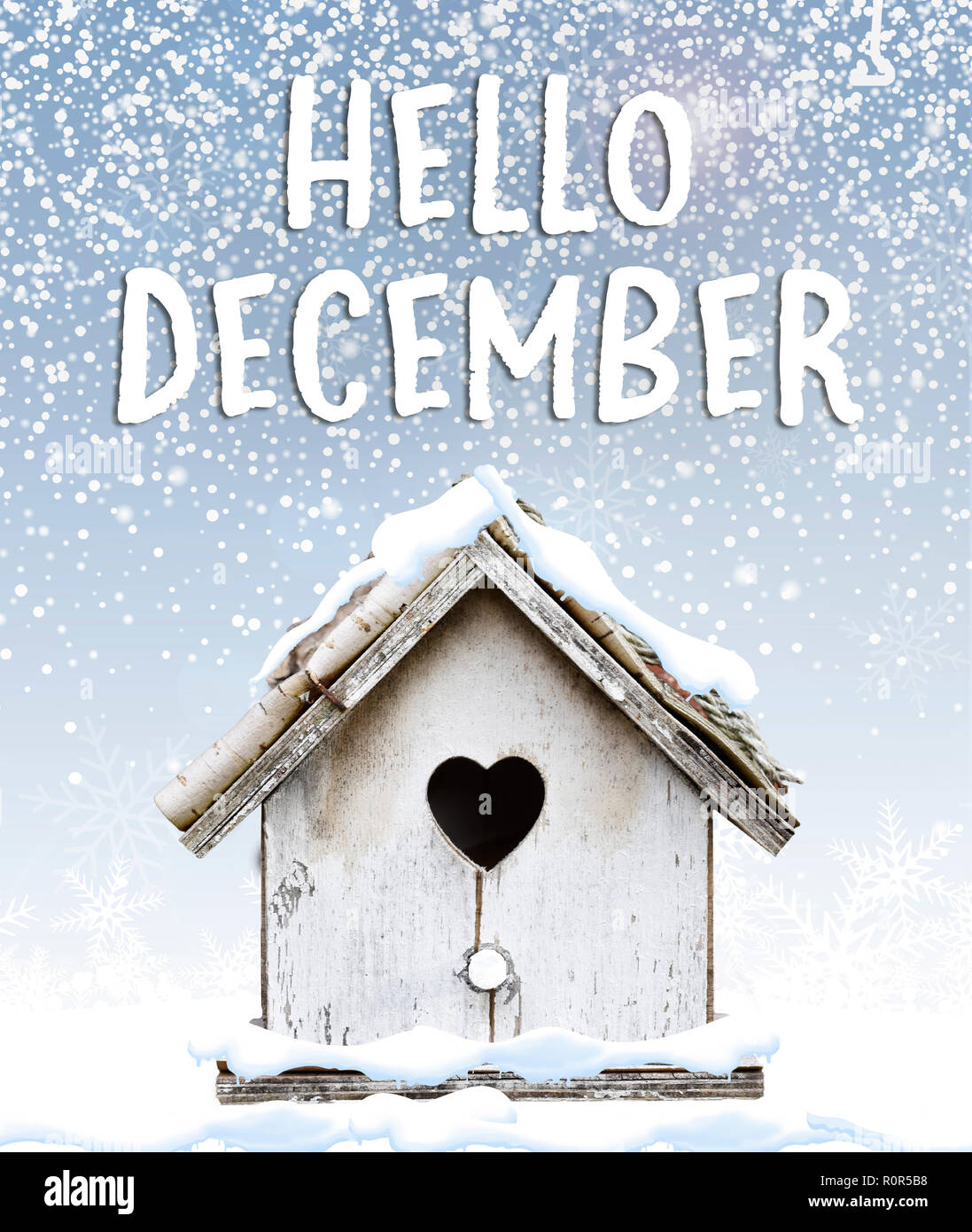 Ciao dicembre testo inverno la neve cade verso il basso sul piccolo grazioso uccello house nevicato sotto Foto Stock