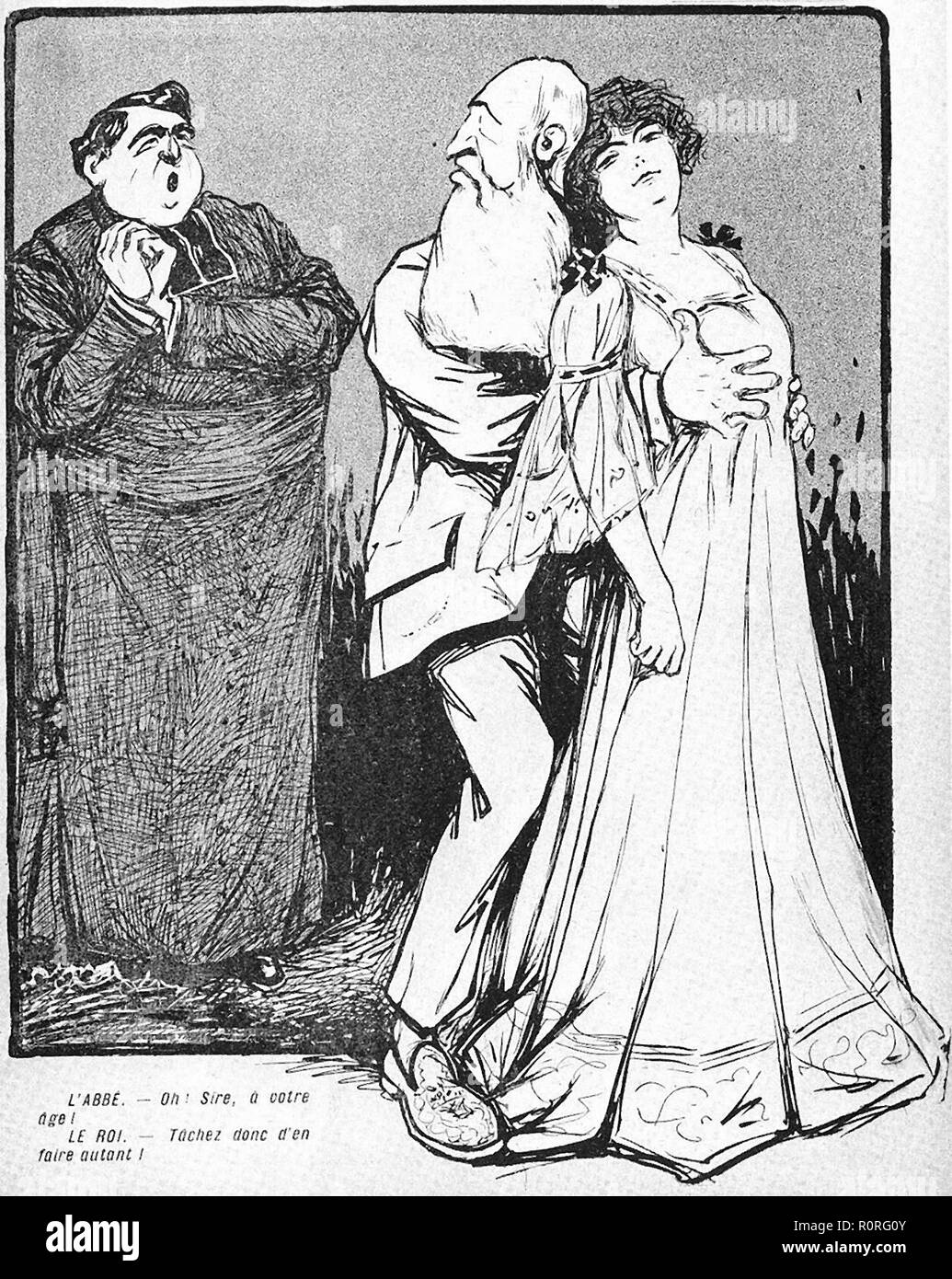 Vecchio cartoon di Re Leopoldo II del Belgio che stava avendo un affare con un molto più giovane donna. L'Abate: Oh! Sire, alla vostra età? Il Re: provare per credere! Foto Stock