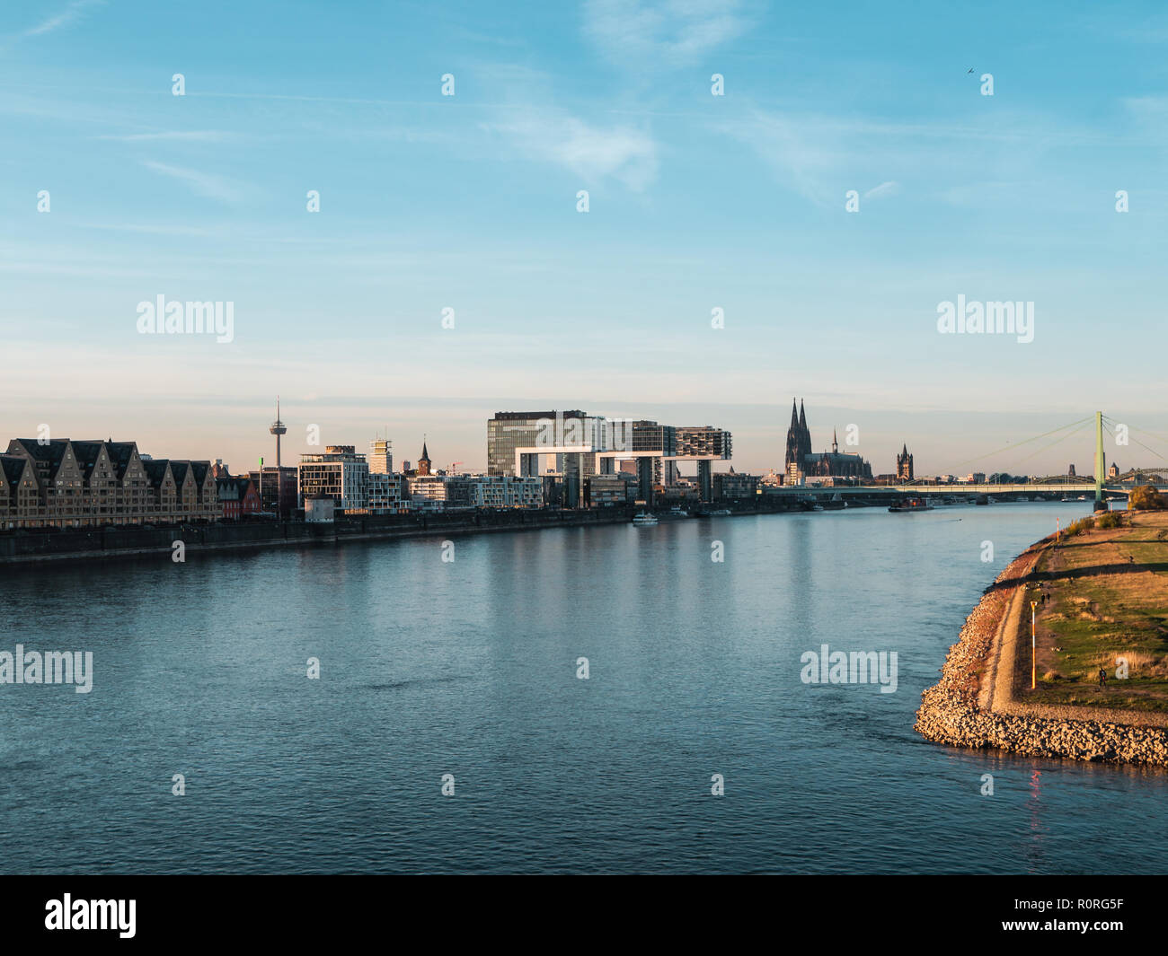 Autunno a Colonia: Cityscape di Colonia, in Germania con la cattedrale e altri punti di riferimento - Poller Wiesen in primo piano Foto Stock