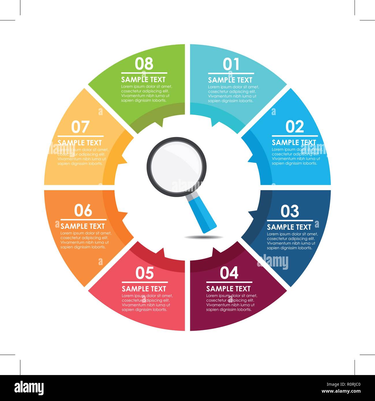 Lente di ingrandimento ed infografico cerchio. Concetto di ricerca. Illustrazione Vettoriale. Illustrazione Vettoriale