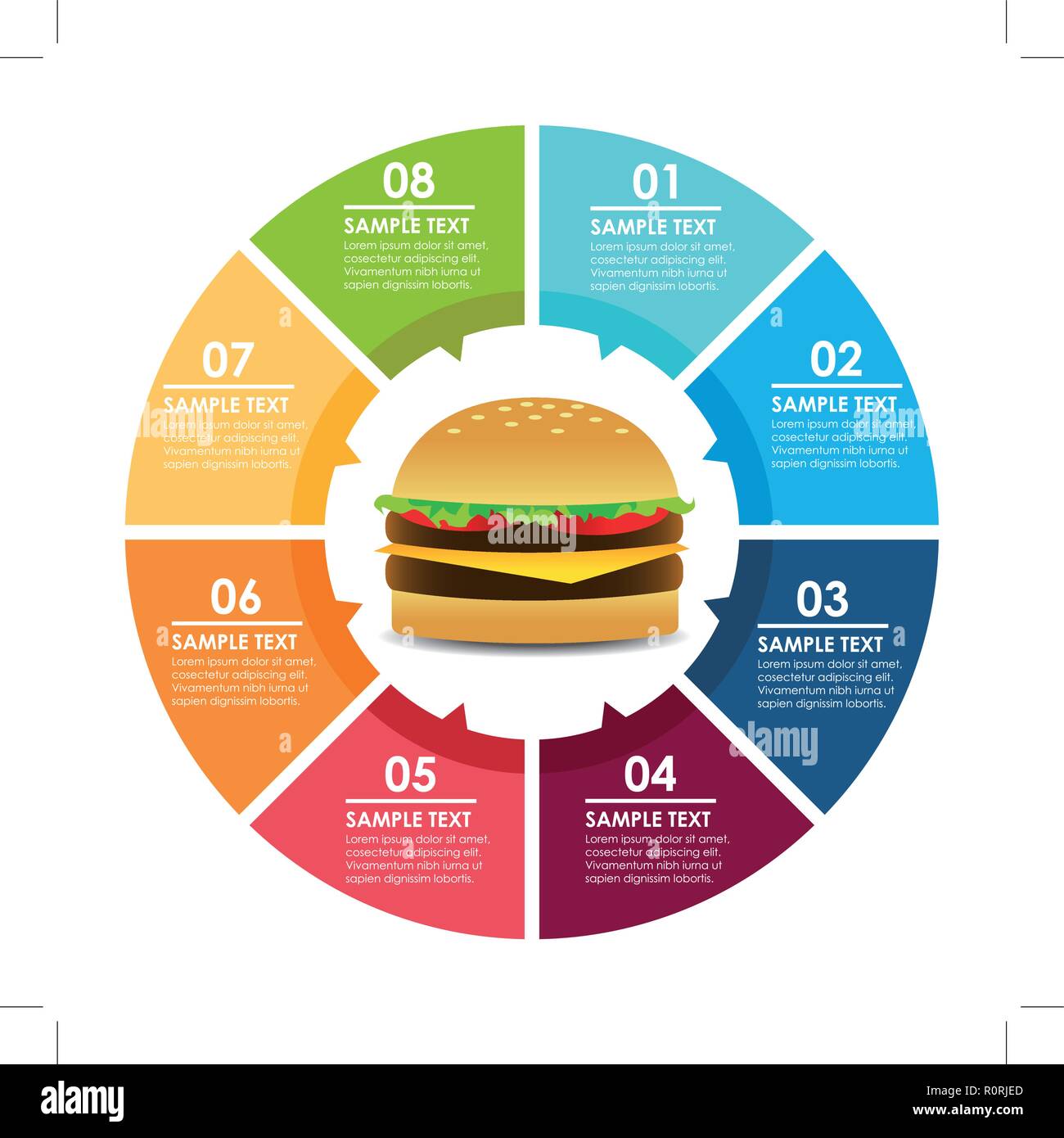 Hamburger infografico cerchio. Il fast food informazioni modello. Illustrazione Vettoriale Illustrazione Vettoriale