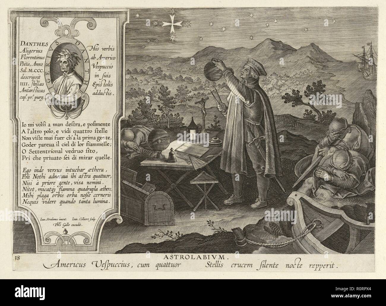 Amerigo Vespucci scoprendo la Croce del Sud con un astrolabio, pub. 1600. Creatore: Jan van der Straet (Joannes Stradanus) (1523-1605). Foto Stock