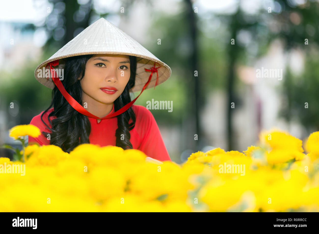 Attraente giovane donna vietnamita in un tradizionale hat guardando la telecamera con un espressione seria su un display colorato e vivace fiori gialli Foto Stock