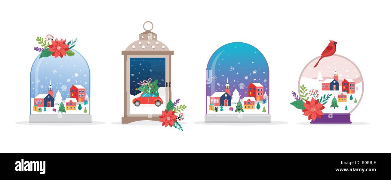 Buon Natale, Winter Wonderland scene in raccolta di Snow Globe, concetto illustrazione vettoriale Illustrazione Vettoriale