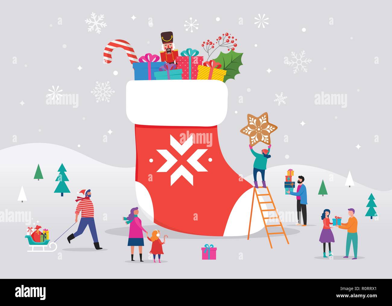 Buon Natale, scena invernale con una grande calza rossa con confezioni regalo e piccoli, giovani uomini e donne, famiglie avendo divertimento nella neve, sci, snowboard, slittino, pattinaggio su ghiaccio Illustrazione Vettoriale