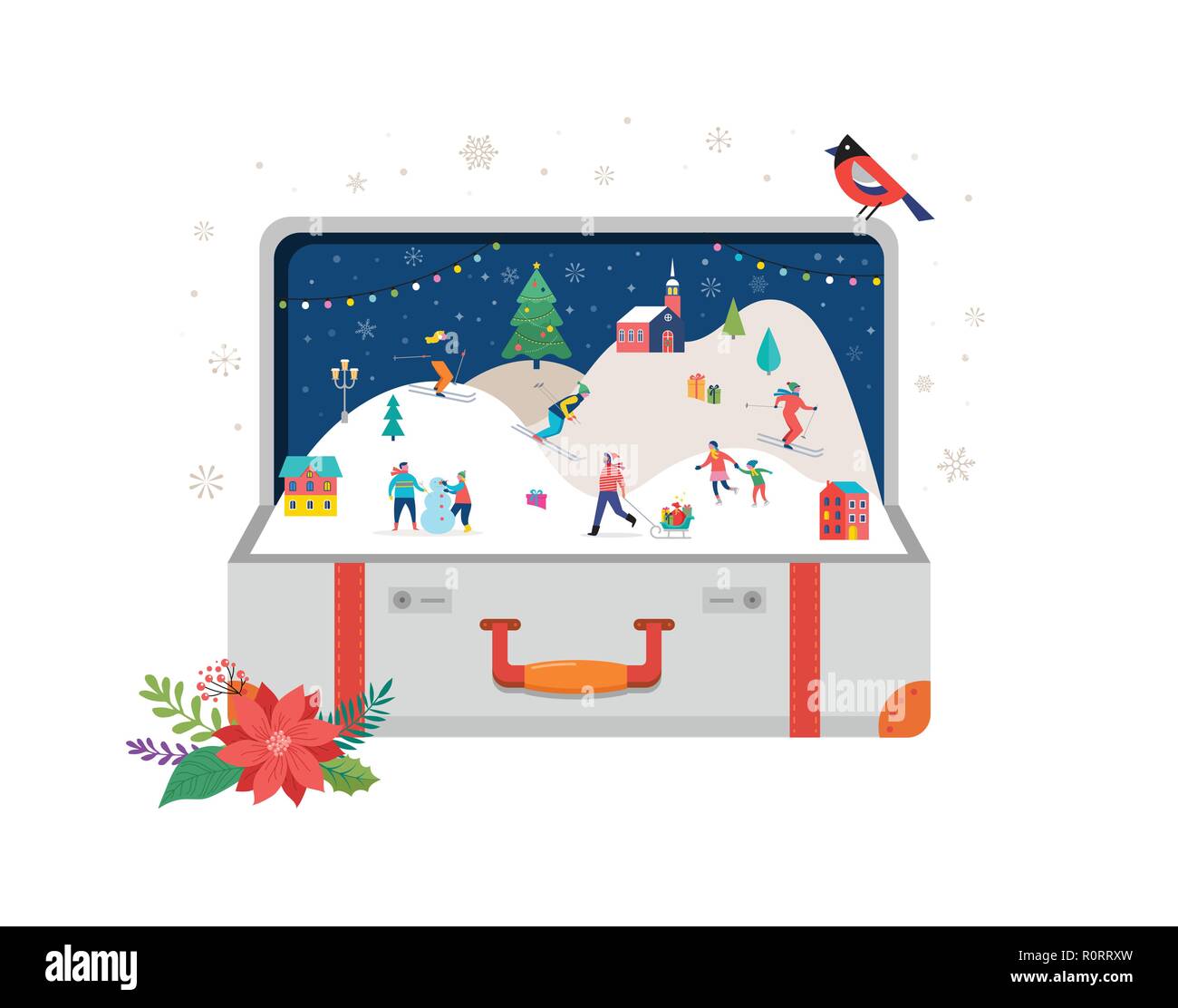 Buon Natale, Big aprire la valigia con scena invernale e piccole, giovani uomini e donne, famiglie avendo divertimento nella neve, sci, snowboard, slittino, pattinaggio su ghiaccio. Concetto illustrazione vettoriale Illustrazione Vettoriale