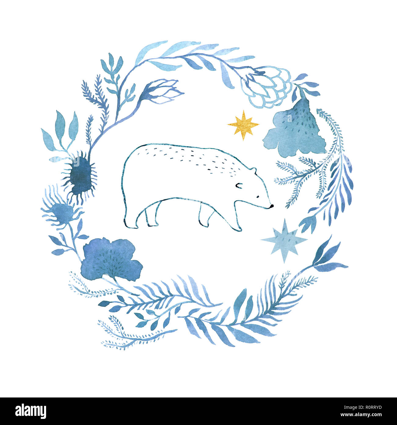 Fiore natale mano dipinta corona di fiori con un orso polare. Bel fiore surgelato acquerello Foto Stock
