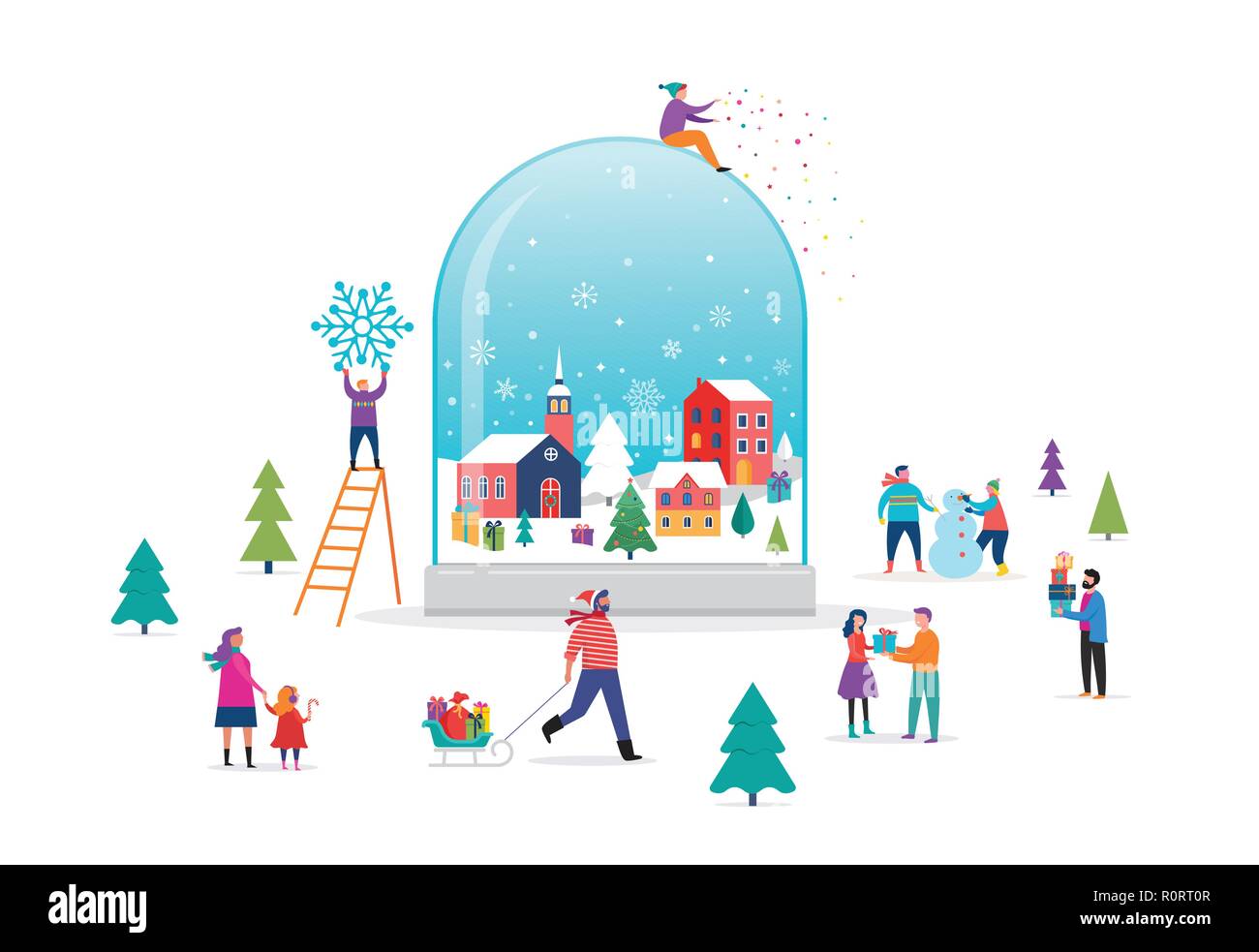 Buon Natale, Winter Wonderland di scena in un mondo di neve con piccole, giovani uomini e donne, famiglie avendo divertimento nella neve, sci, snowboard, slittino, pattinaggio su ghiaccio, concetto illustrazione vettoriale Illustrazione Vettoriale
