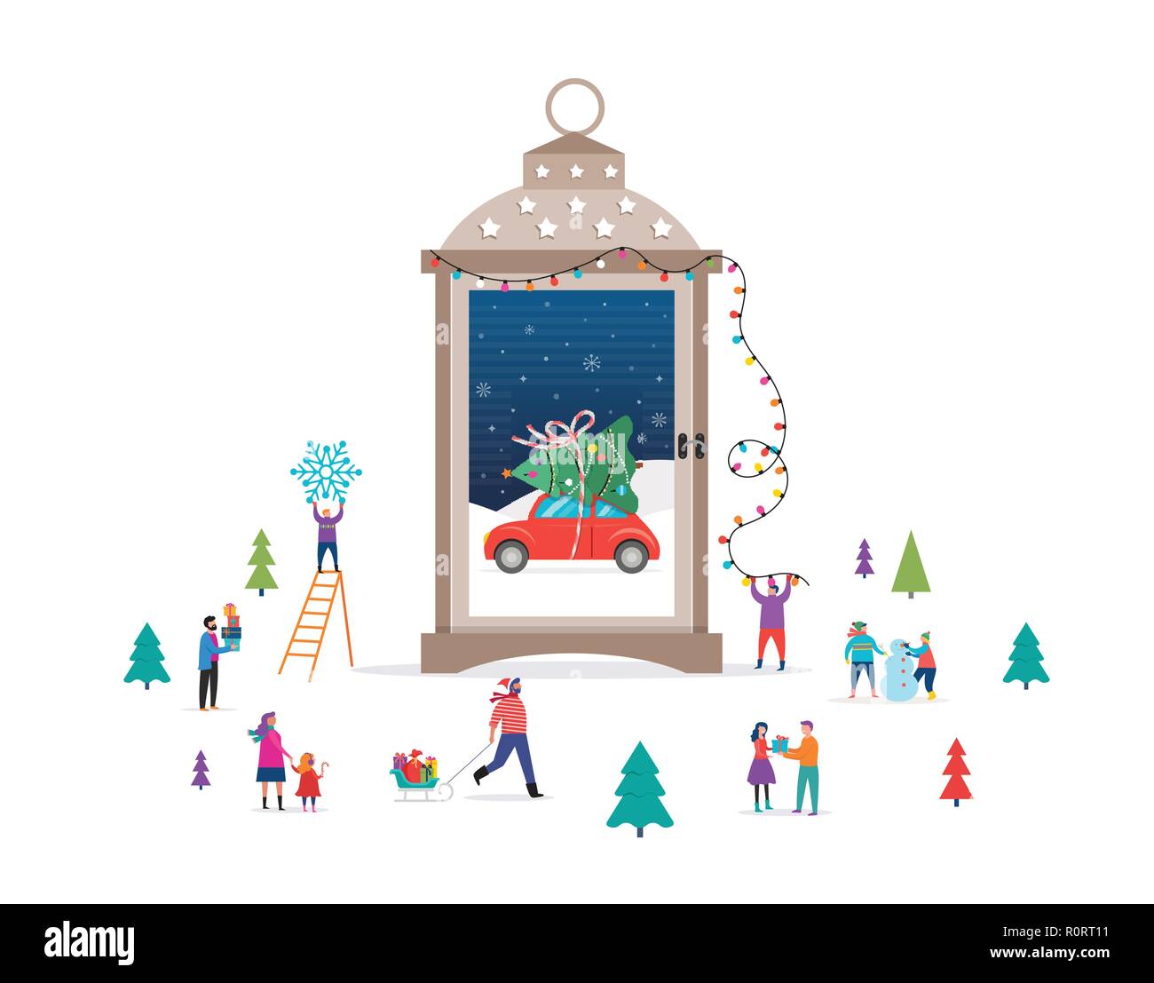 Buon Natale, Winter Wonderland di scena in un Snow Globe, candela lanterna, e piccole, giovani uomini e donne, famiglie avendo divertimento nella neve Illustrazione Vettoriale