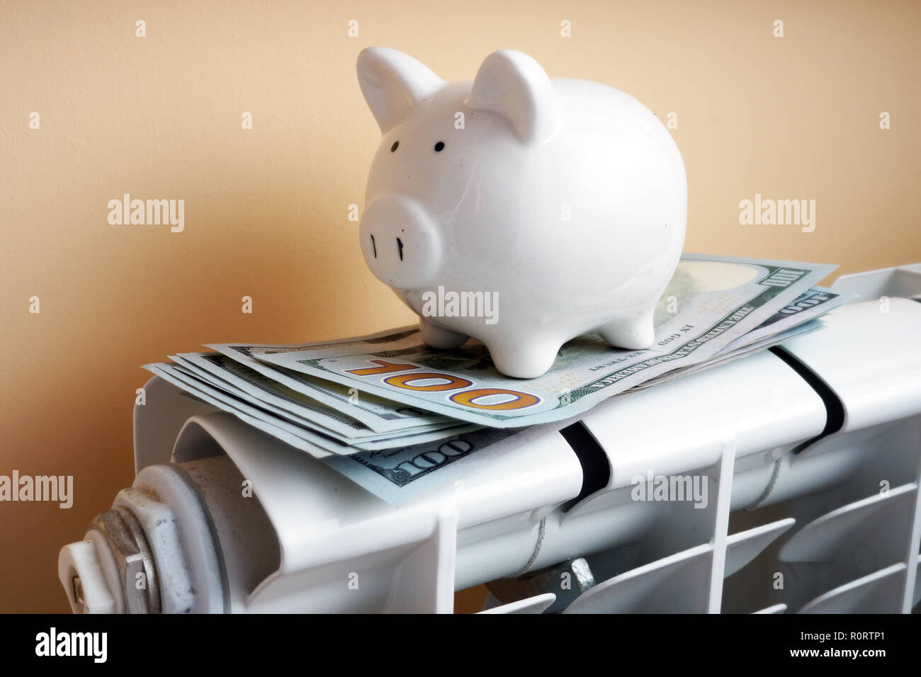 Salvadanaio e denaro sul radiatore. Il concetto di risparmio. Foto Stock