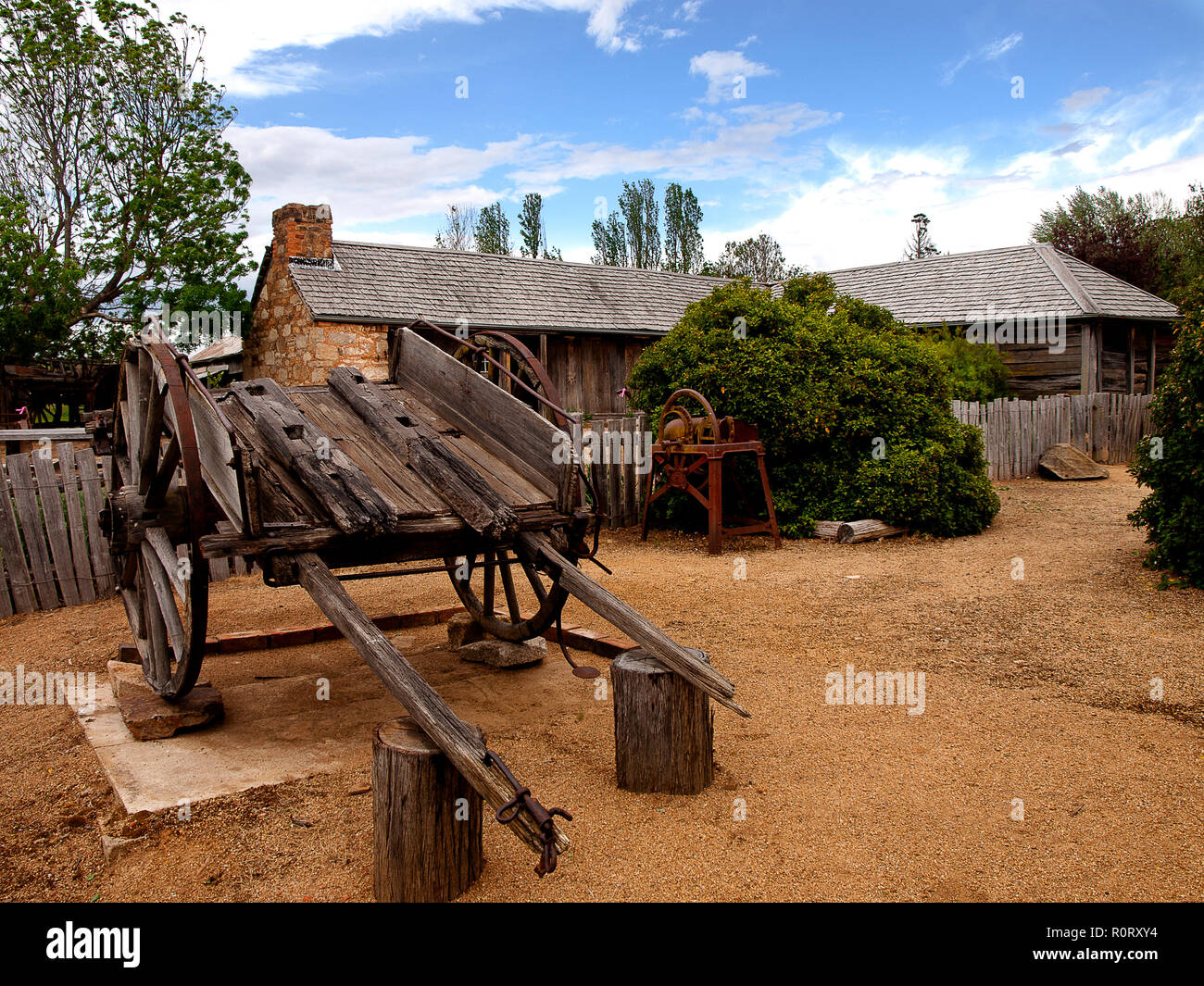 Australia: i primi colonizzatori del capanno, delegato. NSW e vecchia fattoria carrello Foto Stock