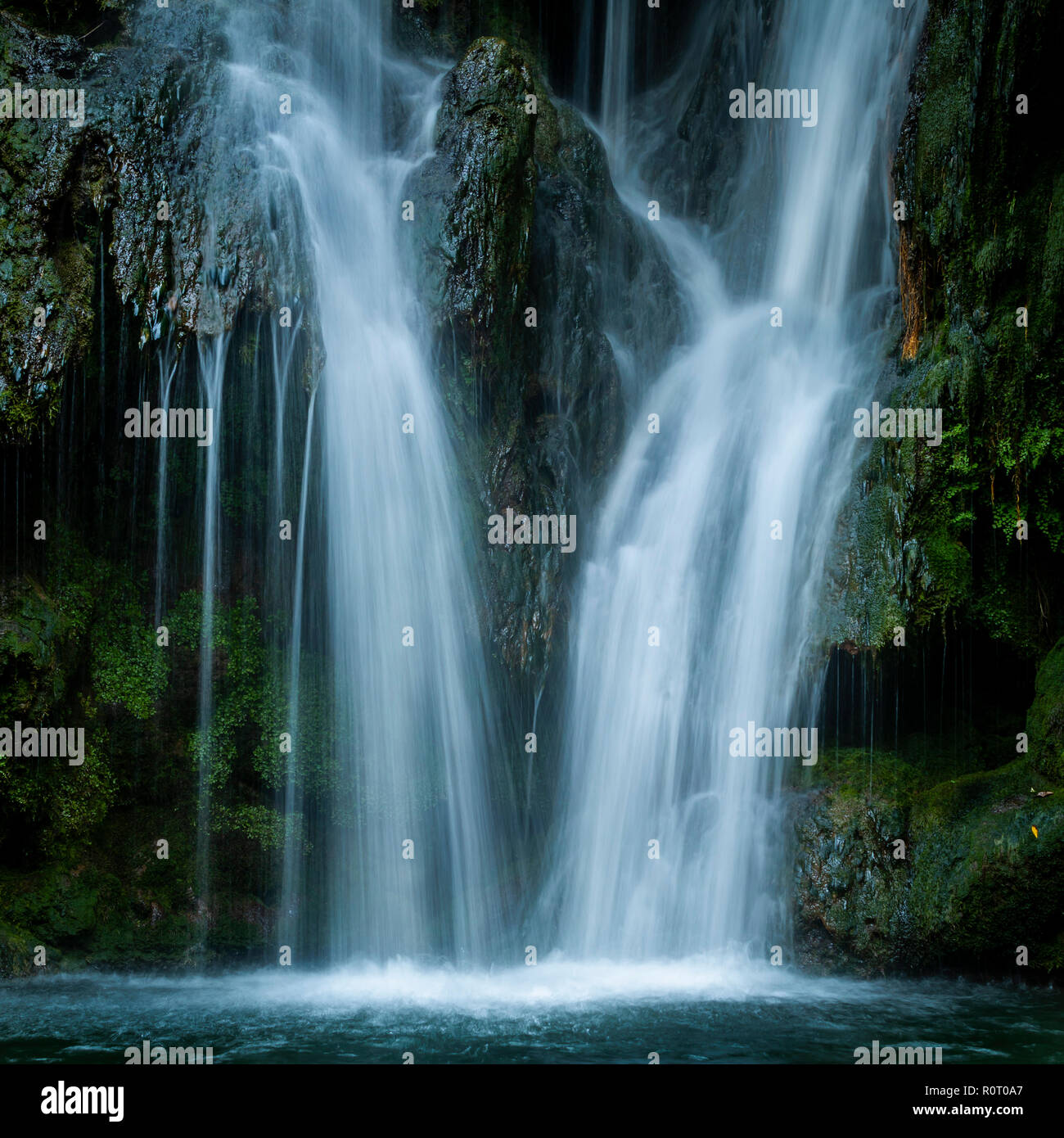 Una cascata che scorre sulla roccia nel bosco a lunga esposizione Foto Stock
