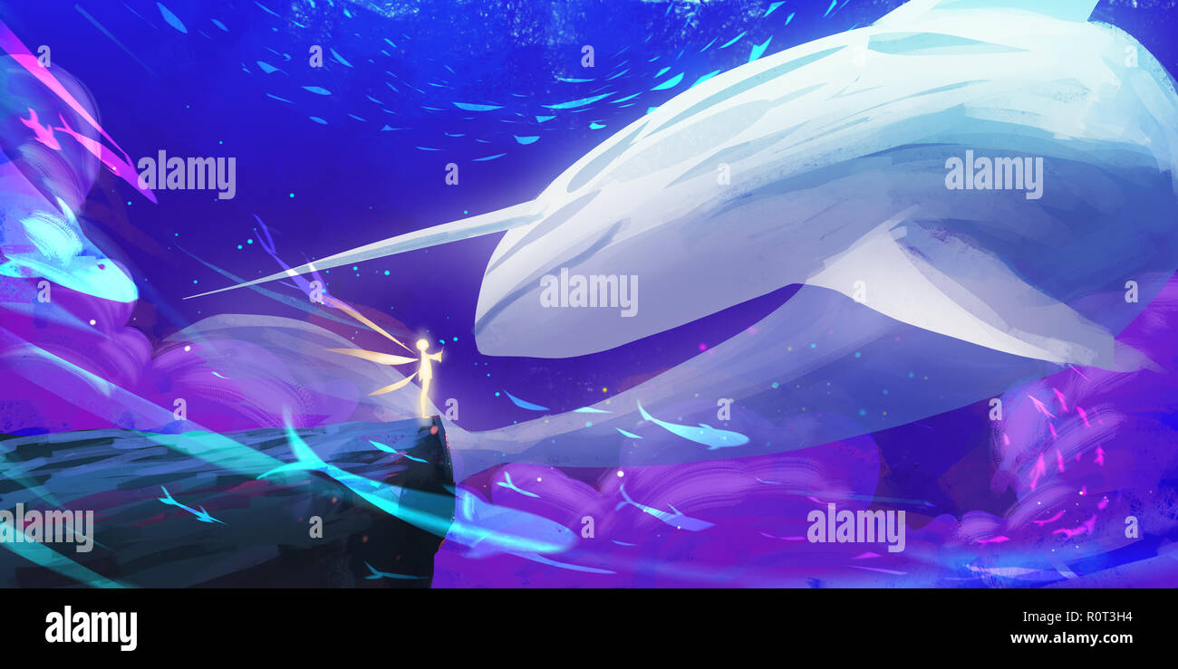 Unicorn mondo della balena. SpitPaint, SpeedPaint. Concept Art. Fast disegni. Schizzo di vernice. Stile realista. Video Gioco Digital CG Artwork, Concept Foto Stock