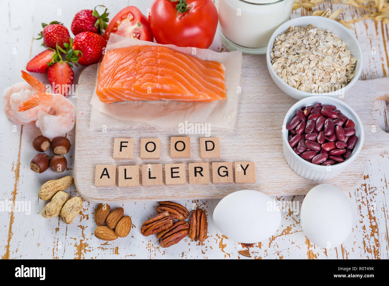 Allergie alimentari - Concetto di alimentare con i principali allergeni Foto Stock