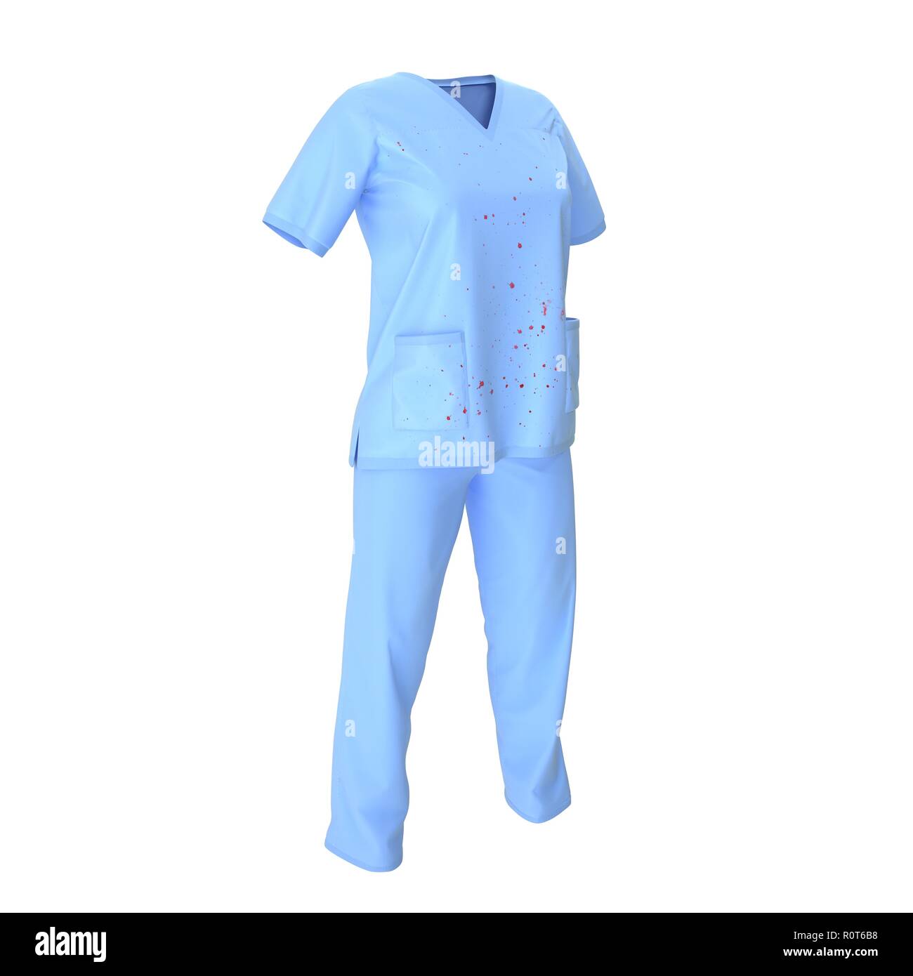 Blu uniforme medico macchiate di sangue isolato su bianco. 3D illustrazione Foto Stock