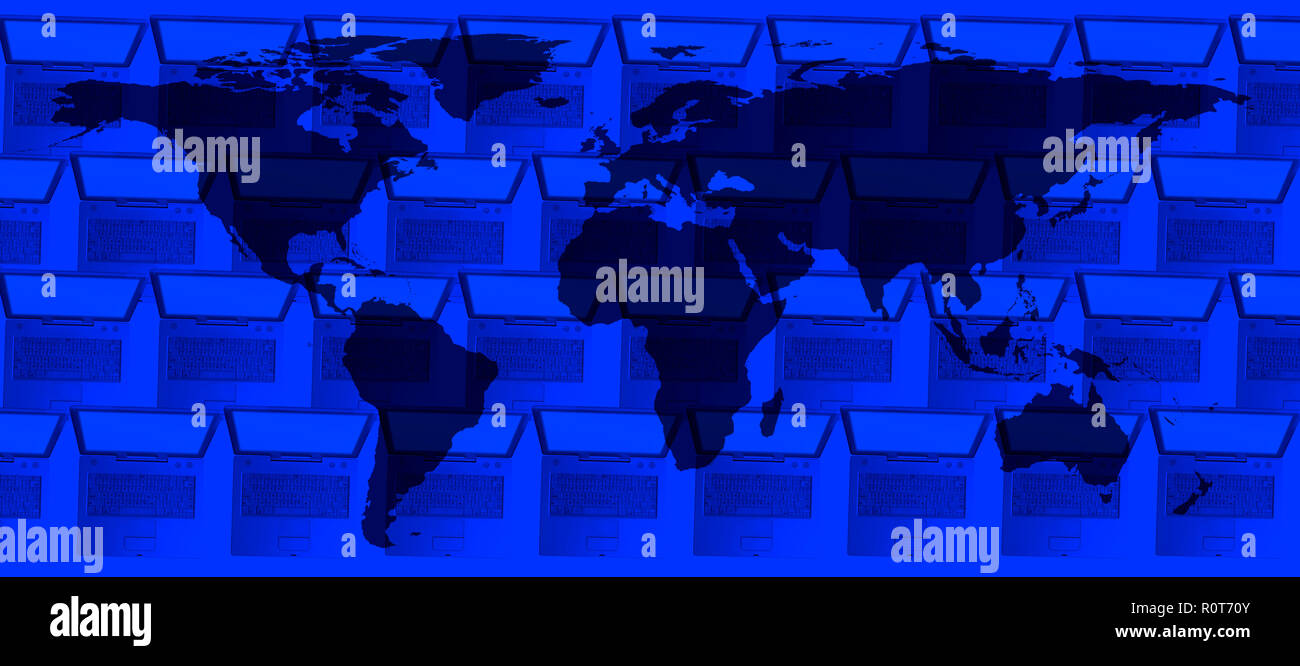 Tecnologia concettuale immagine della mappa del mondo e computer laptop in una fila. La NASA Mappa mondo immagine e stratificato utilizzato; www.nasa.gov , https://www.flickr.com/p Foto Stock