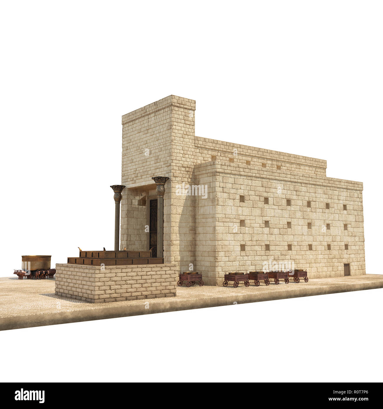 Il re Salomone il tempio di Beit HaMikdash in nome ebraico con bacino grande chiamata sfacciato Mare e altare in bronzo su bianco. 3D illustrazione Foto Stock