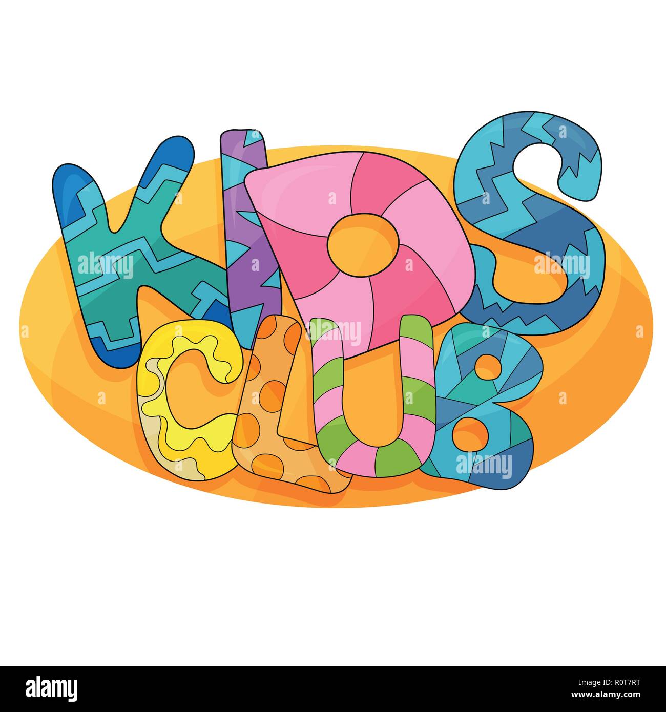 Kids club vettore logo cartoon. Cupola colorata lettere per bambini Sala giochi di decorazione. Iscrizione su sfondo isolato Illustrazione Vettoriale
