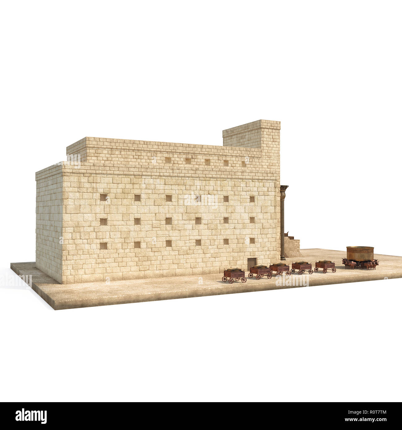 Il re Salomone il tempio con bacino grande chiamata sfacciato Mare e altare in bronzo su bianco. 3D illustrazione Foto Stock