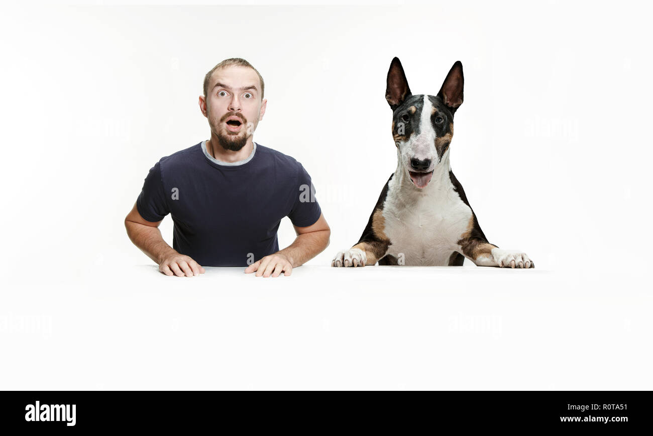 Ritratto emotivo di sorpreso l uomo e il suo cane, il concetto di amicizia e la cura dell'uomo e l'animale. Bull Terrier tipo cane bianco su sfondo per studio Foto Stock