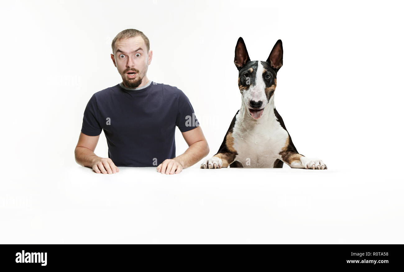 Ritratto emotivo di sorpreso l uomo e il suo cane, il concetto di amicizia e la cura dell'uomo e l'animale. Bull Terrier tipo cane bianco su sfondo per studio Foto Stock