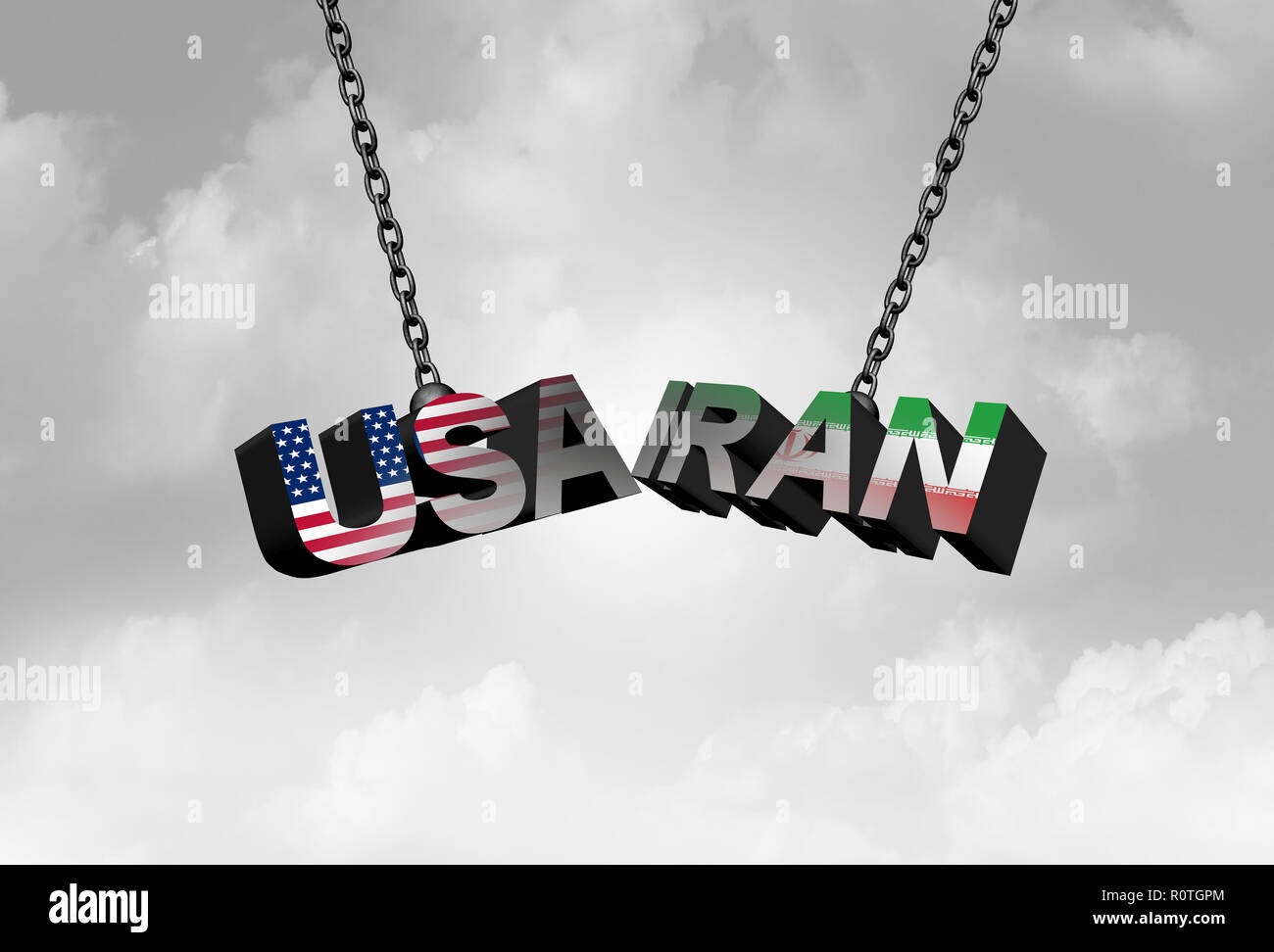 Iran USA il concetto di conflitto come un americano e Iraniano crisi di sicurezza a causa delle sanzioni economiche e nucleare accordo trattativa controversia. Foto Stock