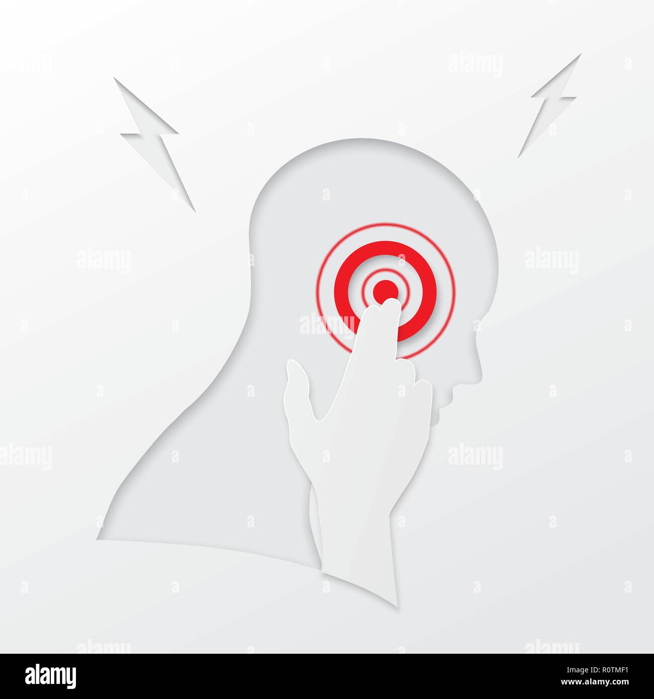 Uomo che ha mal di testa, emicrania, dolore, premendo la mano alla testa. Illustrazione Vettoriale, carta in stile origami concetto, per problemi di salute, stress lavoro, stanchi. Illustrazione Vettoriale