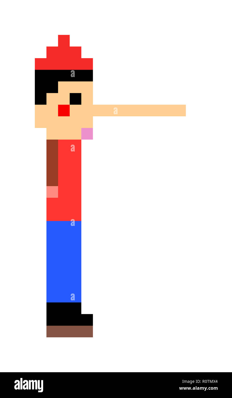 Pixel Art: un giocattolo Pinocchio con un naso lungo. Foto Stock