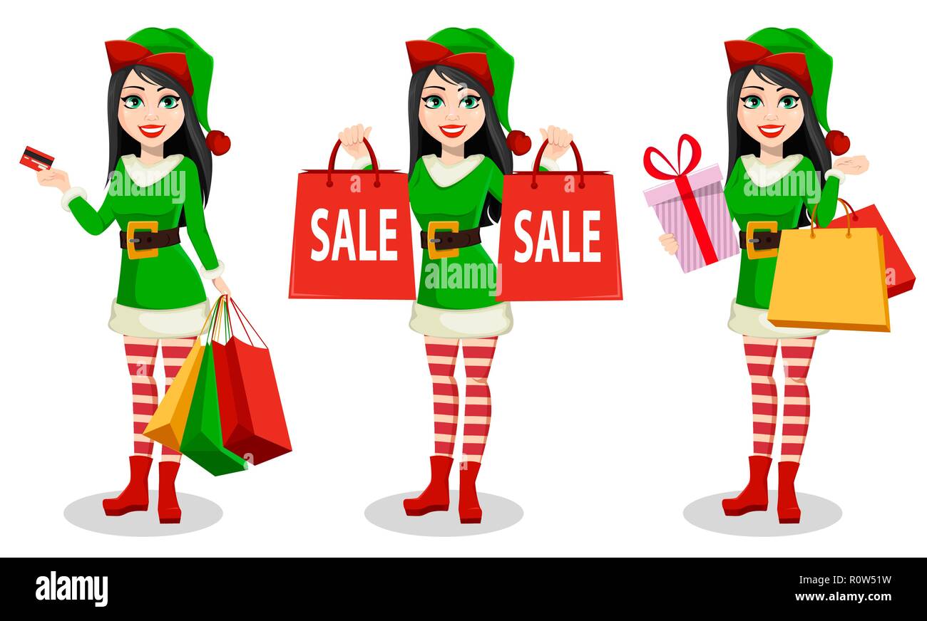 Immagini Animate Di Buon Natale E Felice Anno Nuovo.Buon Natale E Felice Anno Nuovo Bella Donna In Costume Di Elf Set Di Tre Pose Signora Santa Helper Personaggio Dei Cartoni Animati Contiene Carta Di Credito Tenere Premuto Immagine E Vettoriale
