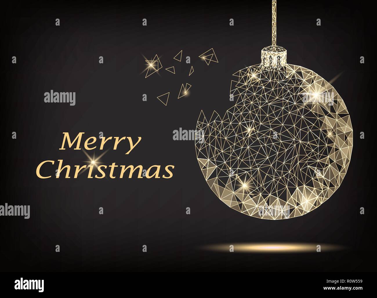 Merry Christmas greeting card poligonale con albero di Natale palla e pezzi battenti apart. Cartolina luminosi per le vacanze. Illustrazione Vettoriale on dark bac Illustrazione Vettoriale