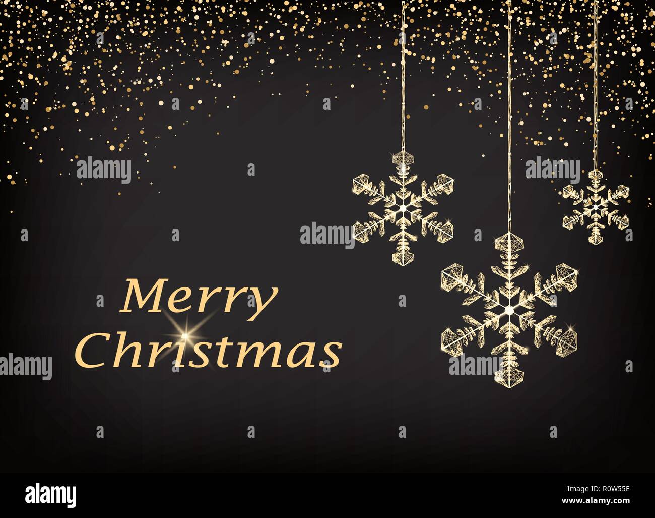 Merry Christmas greeting card con appeso golden poligonale e fiocchi di neve caduta golden neve dal cielo. Cartolina luminosi per le vacanze. Vector illus Illustrazione Vettoriale