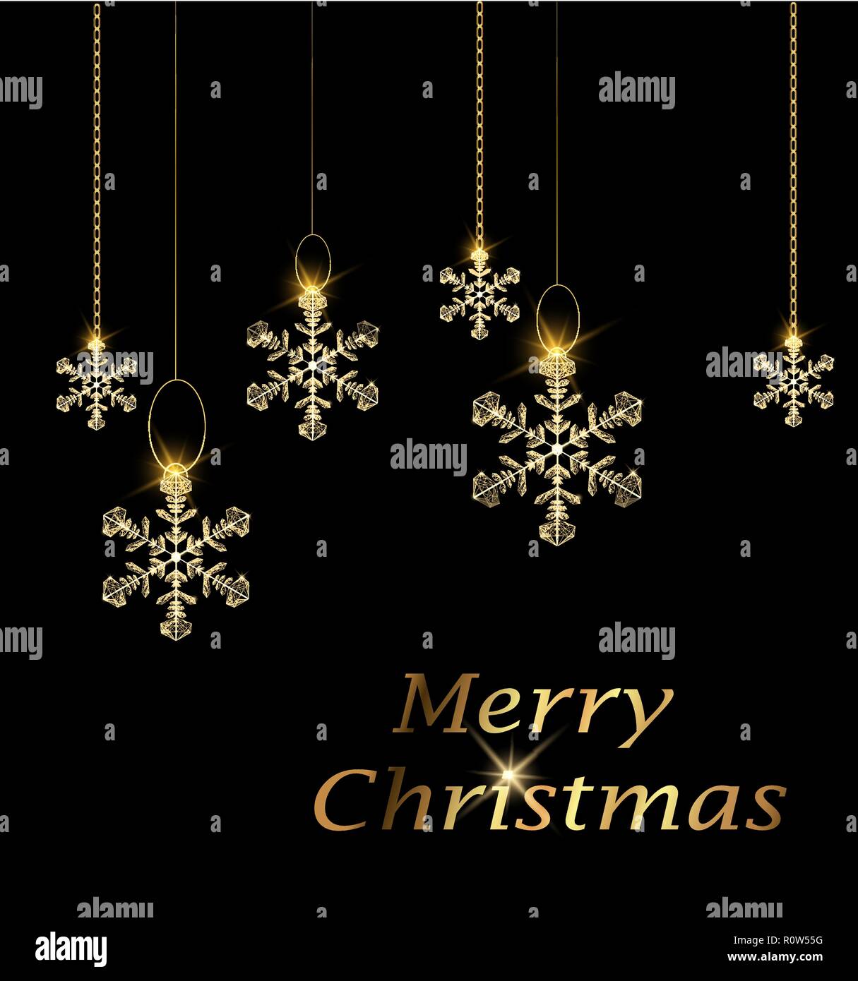 Merry Christmas greeting card con appesi poligonale oro fiocchi di neve. Cartolina luminosi per le vacanze. Illustrazione Vettoriale su sfondo scuro Illustrazione Vettoriale