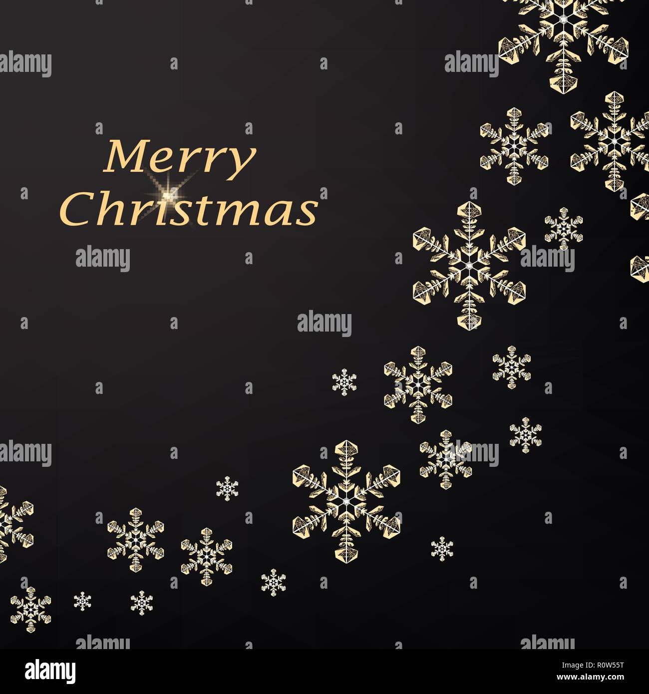 Merry Christmas greeting card con oro fiocchi di neve poligonale e scritte. Cartolina luminosi per le vacanze. Illustrazione Vettoriale su sfondo scuro Illustrazione Vettoriale