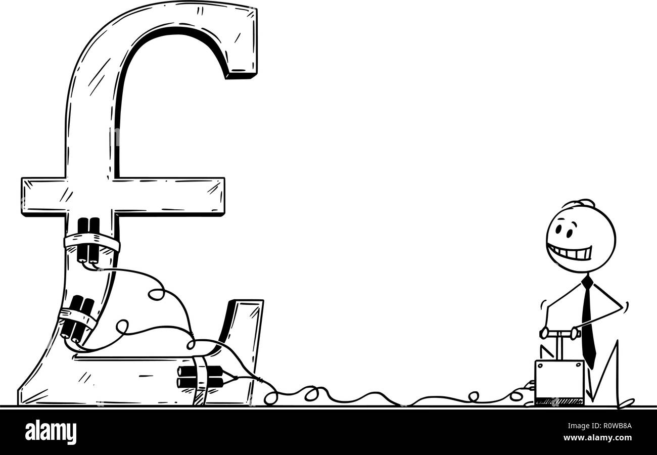 Cartoon di imprenditore utilizzando il detonatore ed esplosivo per distruggere la sterlina inglese di Symbol Illustrazione Vettoriale